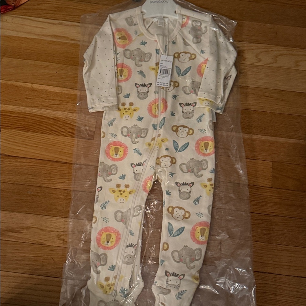 Purebaby 2 Pack Printed Zip Footie Savanna Friends Print Footie Pajamas - Picture 2 of 5